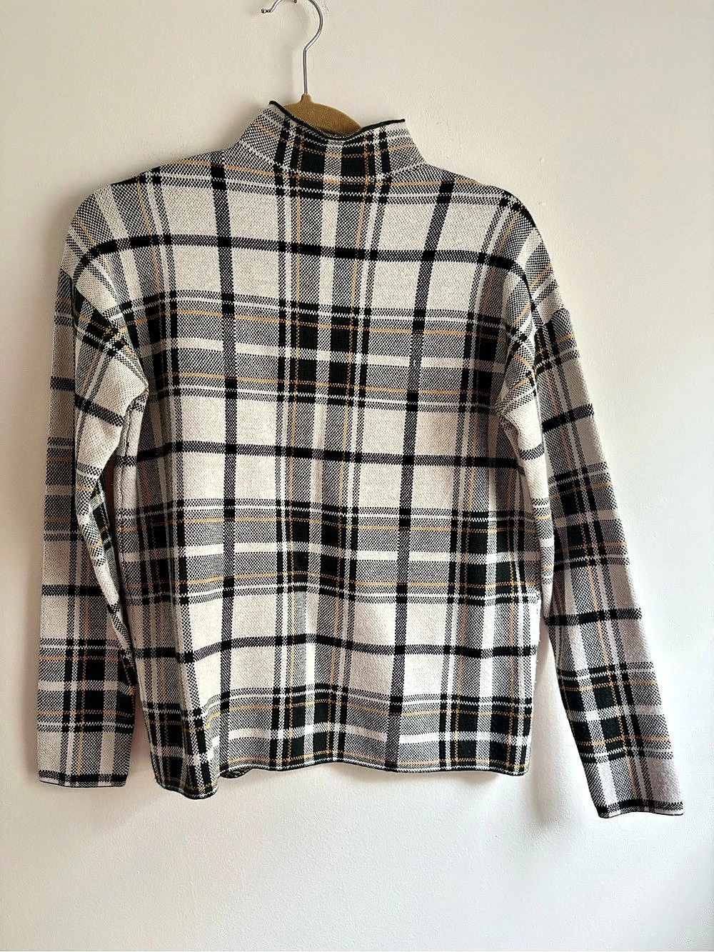 Plaid Mock Neck Long Sleeve Sweater Tahari Size Small Dark Green and Yellow